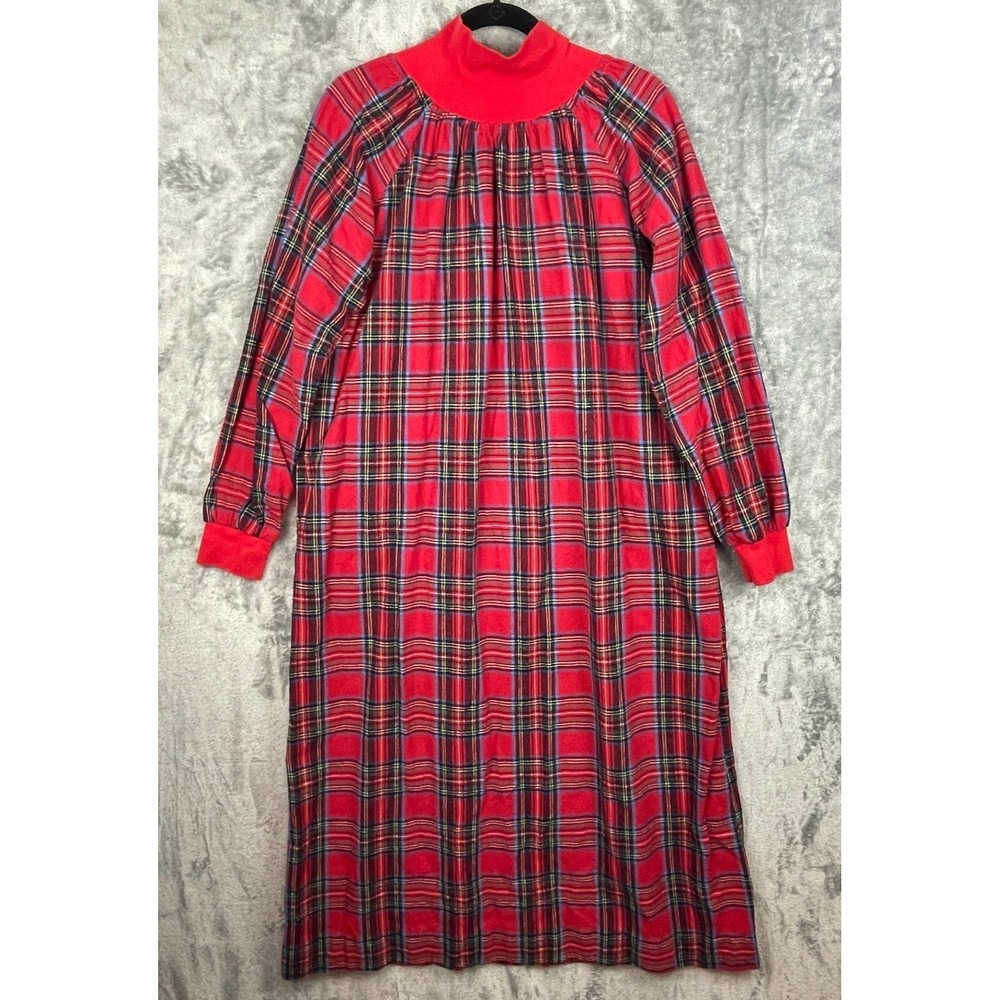 VERMONT COUNTRY STORE NIGHTGOWN Large Red Maxi Plaid Flannel Pockets‎ Mock Neck